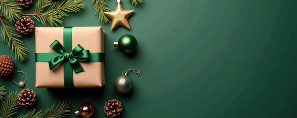 Christmas gift presents eco friendly gift ideas on dark green background. Gift box with green ribbon, festive ornaments. Sustainable Christmas presents. Image suitable for eco-friendly Christmas