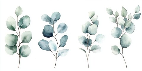 Eucalyptus and Green Leaf Branches Watercolor Illustration Collection for Weddings and Decorations