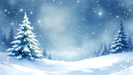 Obraz premium Winter snowy landscape watercolor with Xmas tree and house, background for Christmas, new year and winter season festival poster illustration.