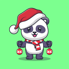 Cute little panda with a red christmas ball for new year and christmas cartoon vector icon illustration