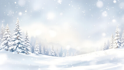 Winter snowy landscape watercolor with Xmas tree and house, background for Christmas, new year and winter season festival poster illustration.