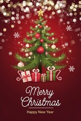 Christmas background with xmas tree and sparkle bokeh lights on red canvas background. Merry christmas card. Winter holiday theme. Happy New Year. Space for text