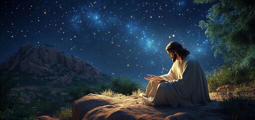 Jesus Christ kneeling in prayer under starry sky in Gethsemane with mountains and greenery