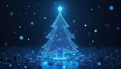 Abstract Christmas tree with tech design. Luminous blue Christmas tree created with digital electronic circuits, microchips. Modern tech Christmas backdrop. Futuristic design for holiday season.