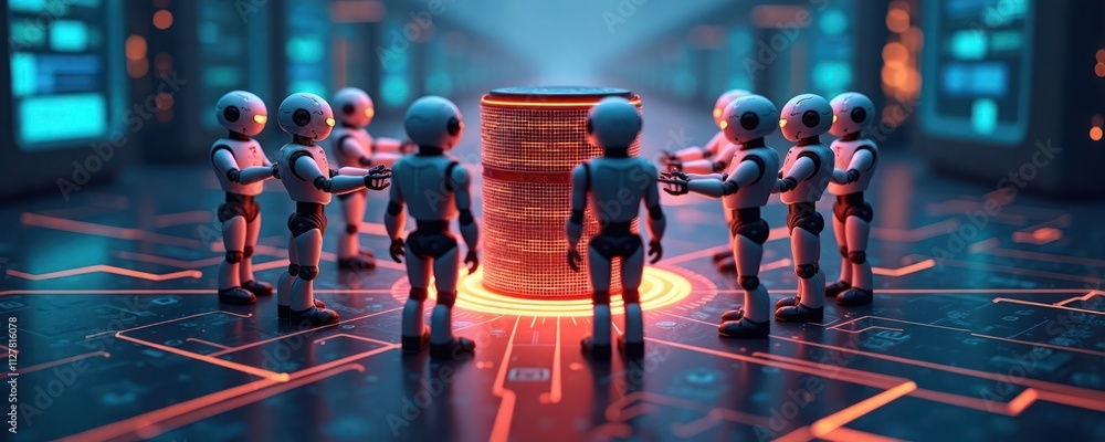 Poster ai robots form protective barrier around glowing data server. digital lines show data protection. te