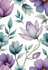 Artistic Floral Seamless Pattern with Rich Purple and Teal Watercolors Enhanced by Thin Golden Outlines