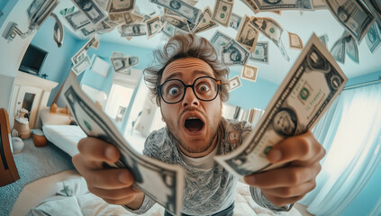 A surprised man holds large paper currency in his hands, with a fisheye effect