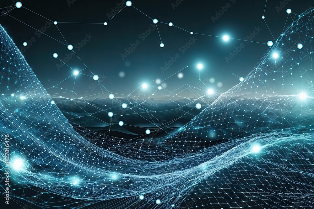 Poster visual representation of interconnected networks and technological landscape with glowing dots and e