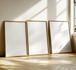 Minimalist Empty Picture Frames Mockup in Cream Colored Interior with Wooden Floor and Soft Lighting