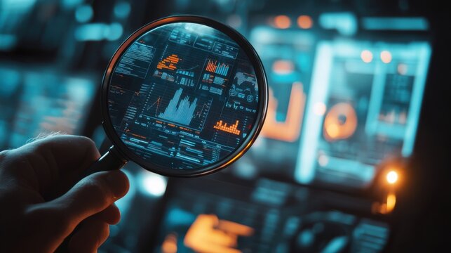 Market analysis tools visualized on a dashboard, with a magnifying glass highlighting key data