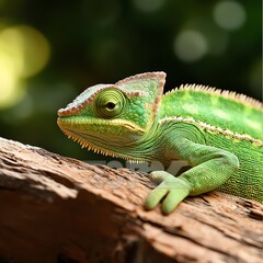 Obraz premium A vibrant green chameleon perched on a log, showcasing its unique texture and color in a natural setting.