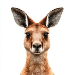 A close-up of a kangaroo's face, featuring large ears, expressive eyes, and a fluffy fur coat, set against a plain white background.