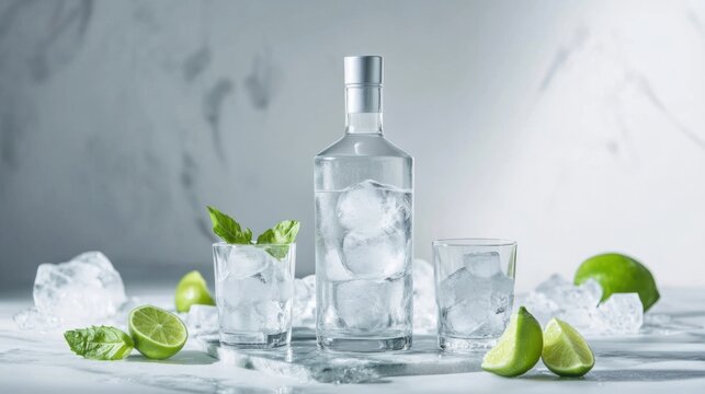 Minimalist vodka bottle and shot glass surrounded by ice cubes and lime wedges, styled on a frosty marble surface with a clean white background