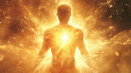 Explosion of light at the center of the chest, symbolizing health and vitality. Radiance. Illustration