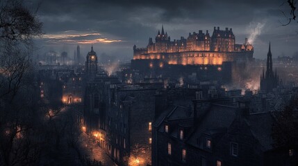 Dark, gothic city at twilight; castle looms.