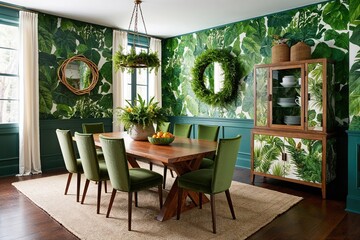 Fototapeta premium Botanical Inspired Dining Space with Wooden Table Lush Seating and Nature Themed Storage Cabinet