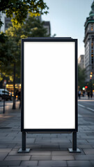A large blank billboard stands on a city sidewalk at dusk. The background is blurred, showing city buildings and streetlights. Perfect for advertisement mockups.