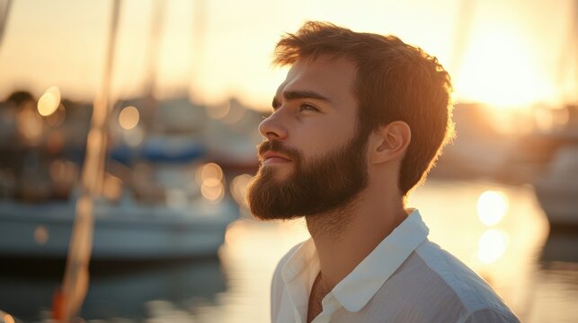 A low angle portrait shot of a bearded man in a crisp white shirt at a scenic harbor, golden sunlight outlining his profile as boats gently sway in the background, creating a tranquil and contemplativ