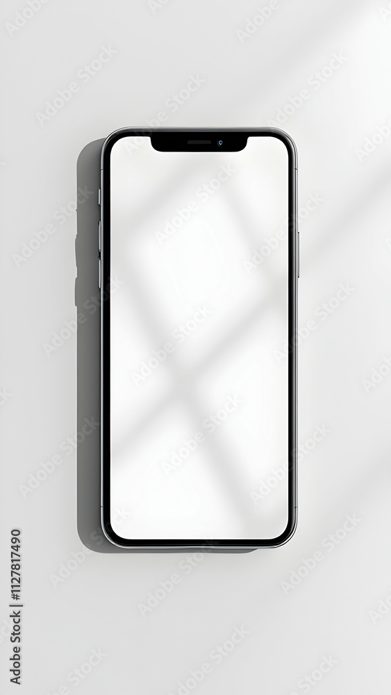 Poster a sleek black smartphone with a blank white screen rests on a white surface. shadows from a window a