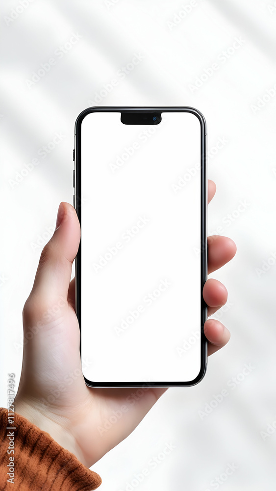Poster a hand holds a smartphone with a blank white screen. the background is white with subtle shadows. th
