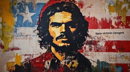 Fototapeta premium Here's a 10-word description of the image: Distressed mural: Che