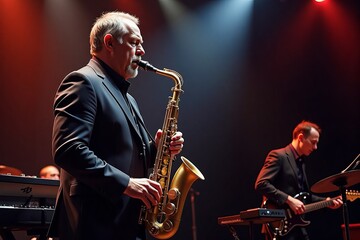 Saxophonist performs on stage with band during concert