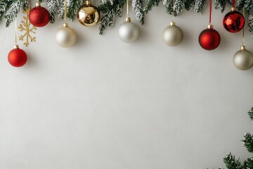 Decora&ccedil;&atilde;o de natal com bolas suspensas em tons dourados, vermelhos e prateados, sobre fundo neutro, criada com IA generativa.