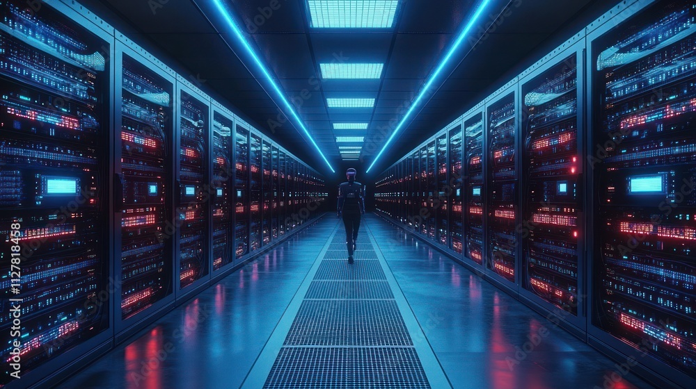 Poster futuristic data center with blue neon lights and symmetrical server rows in cyberpunk style