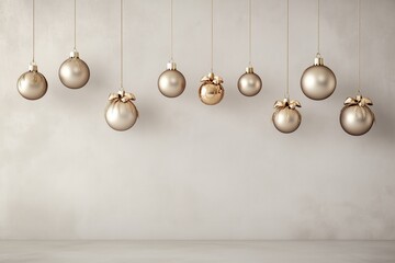 Decora&ccedil;&atilde;o de natal com bolas suspensas em tons dourados, vermelhos e prateados, sobre fundo neutro, criada com IA generativa.