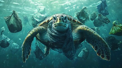 Obraz premium Surrealism, a sea turtle wrapped in plastic nets, with many floating plastic bags, tattered fishing nets, garbage, etc. beside it. The sea turtle extends its sadness and plea for help to the camera