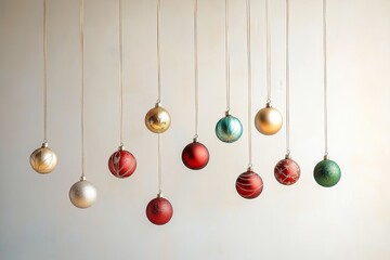 Obraz premium Decoração de natal com bolas suspensas em tons dourados, vermelhos e prateados, sobre fundo neutro, criada com IA generativa.