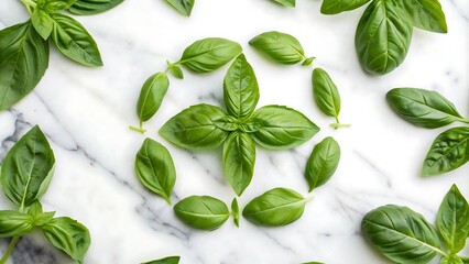 Fresh Basil Leaves Arranged in a Circular Pattern on a Marble Surface