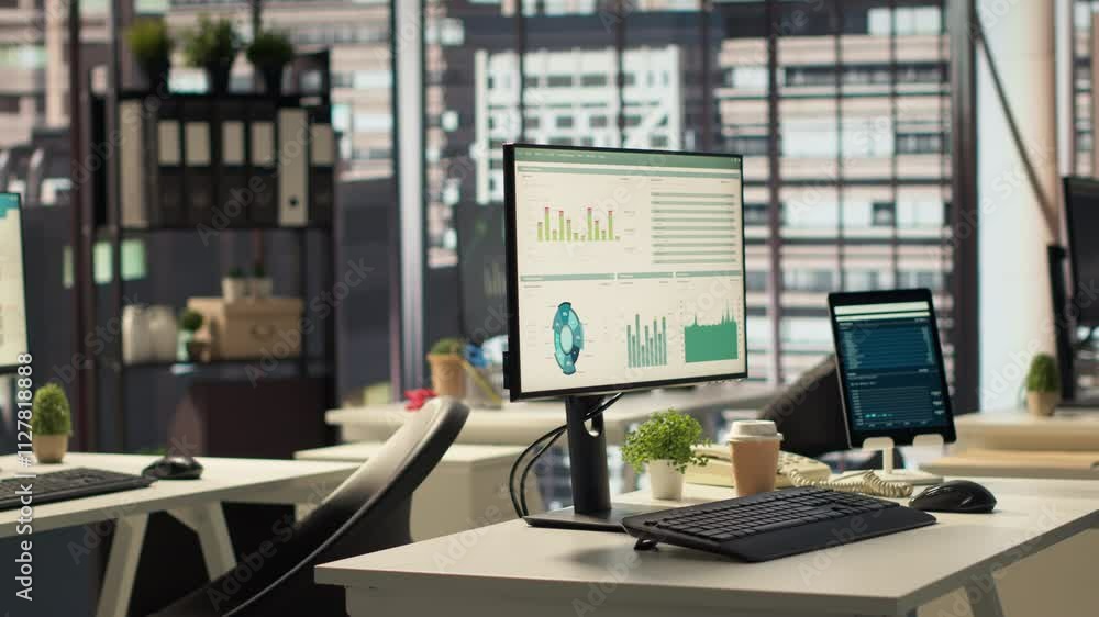 Poster empty business workplace equipped with modern tech tools to serve an enterprise, workspace in a high