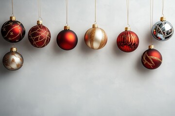 Decora&ccedil;&atilde;o de natal com bolas suspensas em tons dourados, vermelhos e prateados, sobre fundo neutro, criada com IA generativa.