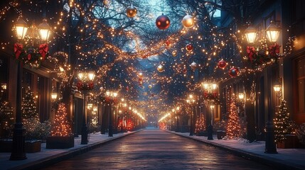 Winter Street Scene with Festive Lights and Snowy Cobblestone Path