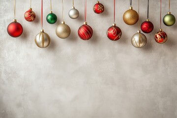 Decora&ccedil;&atilde;o de natal com bolas suspensas em tons dourados, vermelhos e prateados, sobre fundo neutro, criada com IA generativa.