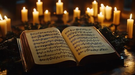 Christmas Music Score Book Surrounded by Candles Creating a Festive Choir Ambiance