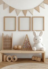 Minimalist Children's Room with Wooden Furniture and Cute Plush Bunny Toy