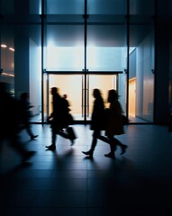 Fototapeta premium Silhouetted Figures Walking Through Modern Office Building Entrance at Night