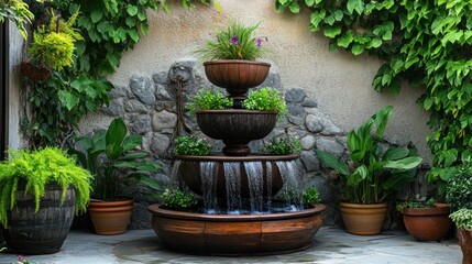 Fototapeta premium Tiered fountain with cascading water surrounded by lush greenery in a courtyard.