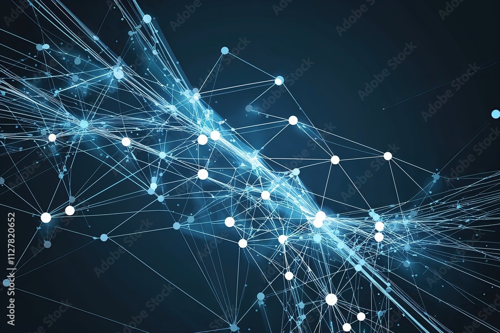 Poster geometric network of lines and dots showcasing digital interactions and technology