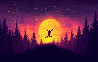 A joyful figure jumps against a vibrant sunset, ideal for New Year's celebrations or Christmas greetings, evoking a sense of freedom and adventure.