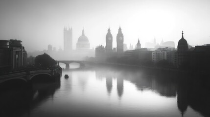 London cityscape, River Thames winding through historic and modern architecture, foggy morning, 
