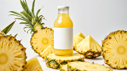 Clear Glass Bottle of Pineapple Juice with White Cap, Elegant Label, Surrounded by Fresh Pineapple Slices and Green Crown on a Light Background
