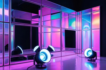 Three Dimensional Digital Wallpaper with Mirrored Panels and Vivid Neon Light Projector in Iridescent Spectrum