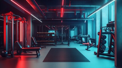 Modern gym, neon lighting, weight training equipment.