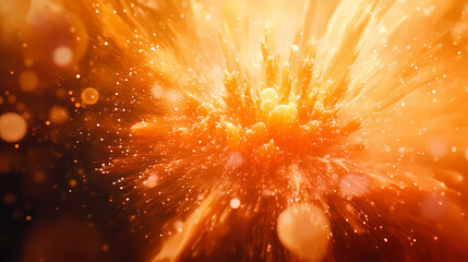 Abstract orange burst of light with glowing rays and particles, perfect for a dynamic background or design element. Radiance. Illustration