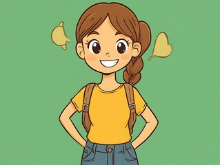 Happy Girl Backpack Braids Smiling Yellow Shirt