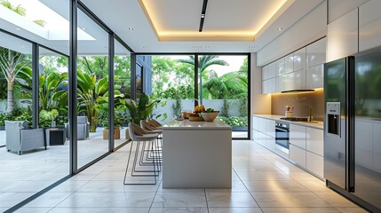 Modern Kitchen with Island and Tropical Garden View