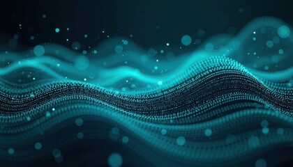 Teal glowing diagonal lines on dark background. Futuristic design element. Abstract digital artwork. Blue glowing light dots. Modern technology concept. Wave patterns in neon teal color. Dark